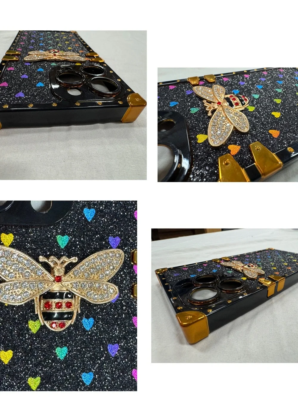 15 Pro Max Phone Case with Rainbow Hearts and Bee.